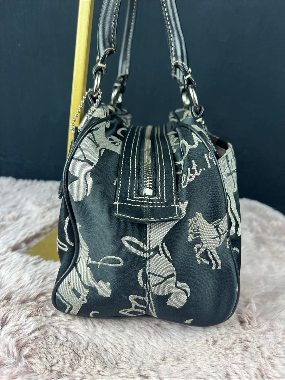 Coach Horse & Carriage Jacquard Satchel Black Leather Handbag F14481 EUC